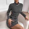 European and American Style Spring Black and White Striped Backless Slim Fit Long Sleeved Half High Neck Autumn New Style Buttocks Wrapped Skirt