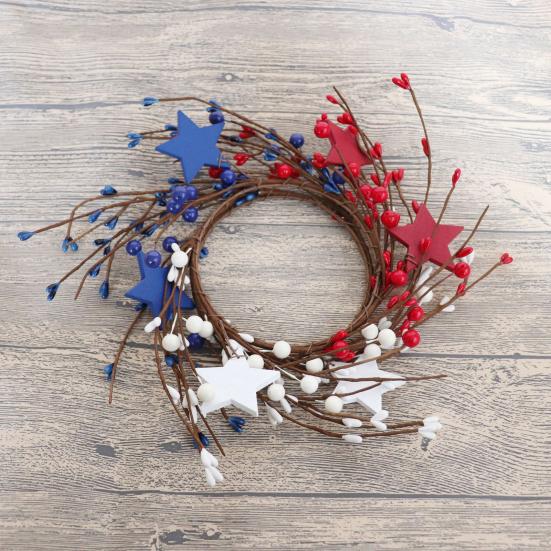 Patriotic Candle Ring Wreath Red White Blue Star Mixed Artificial Berry Candle Wreath Mini Pillar Candle Holder for 4th of July Tabletop Decor