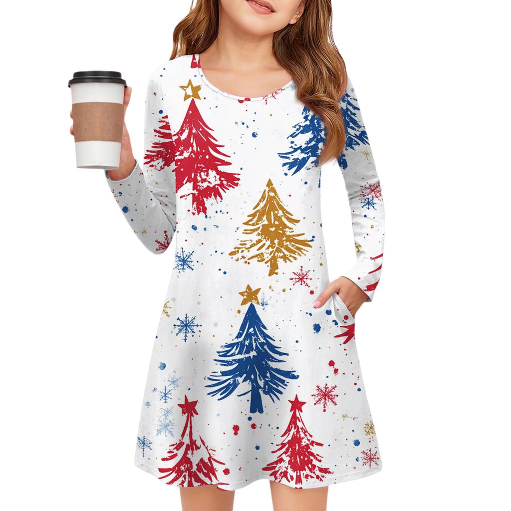 Christmas Day Girls' Long Sleeve Dress - Color Pocket Dress