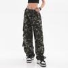 Women Cargo Pants Camouflage Print Multi Pockets Lace-Up Detail Long Pants Straight Wide Leg High Street Pants