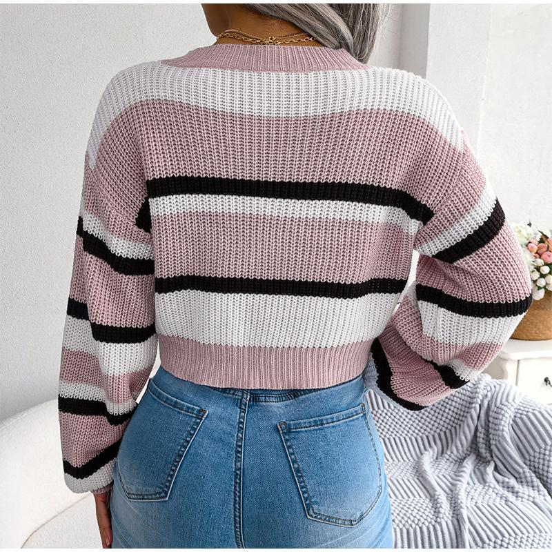 Women Autumn Winter O Neck Long Sleeve Striped Crop Loose Knit Pullover