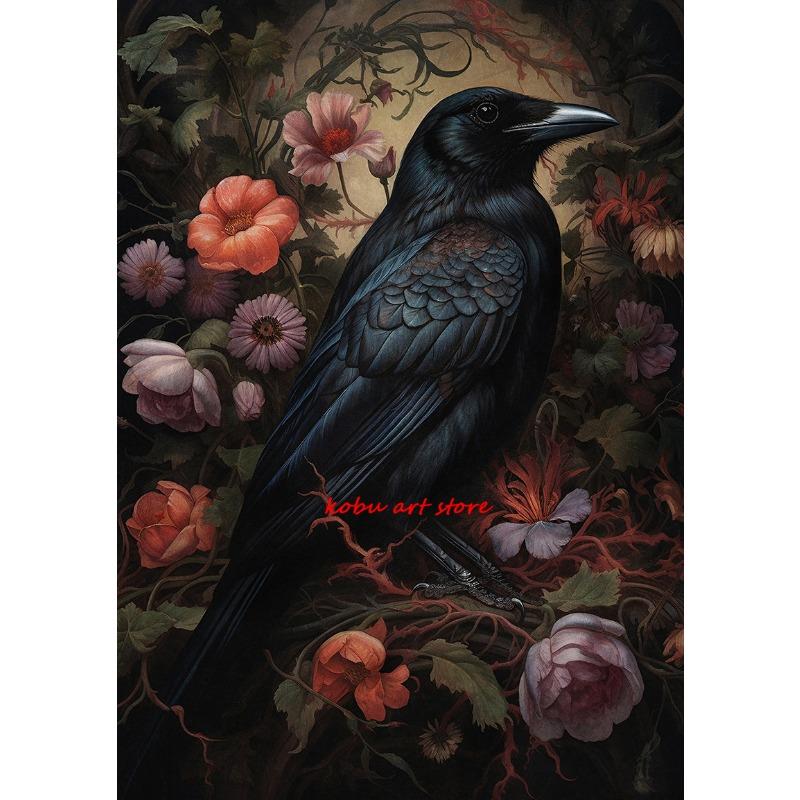 Dark Academia Raven Floral Forest Vintage Poster Gothic Crow Portrait Canvas Paintings Wall Art Print Picture Living Room Decor