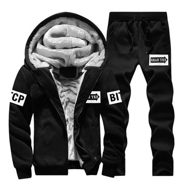 Tracksuit Fleece Hooded Jacket +Pants Sweatshirts Set Hoodies Suit Coat Sportswear Autumn Winter Warm Pullover