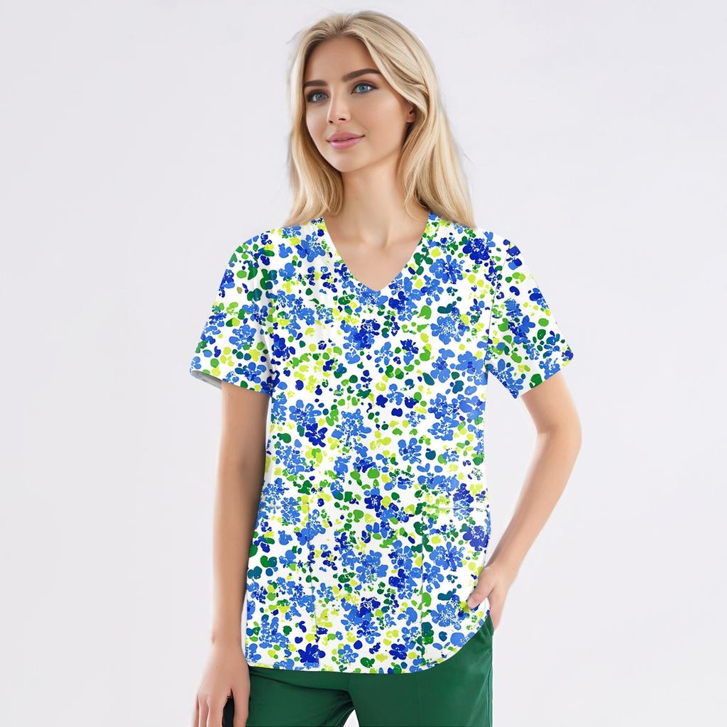 Plus Size Printed Scrub Working Uniform Tops For Women's V-Neck Short Sleeve Fun T-Shirts Workwear Tee With Pockets