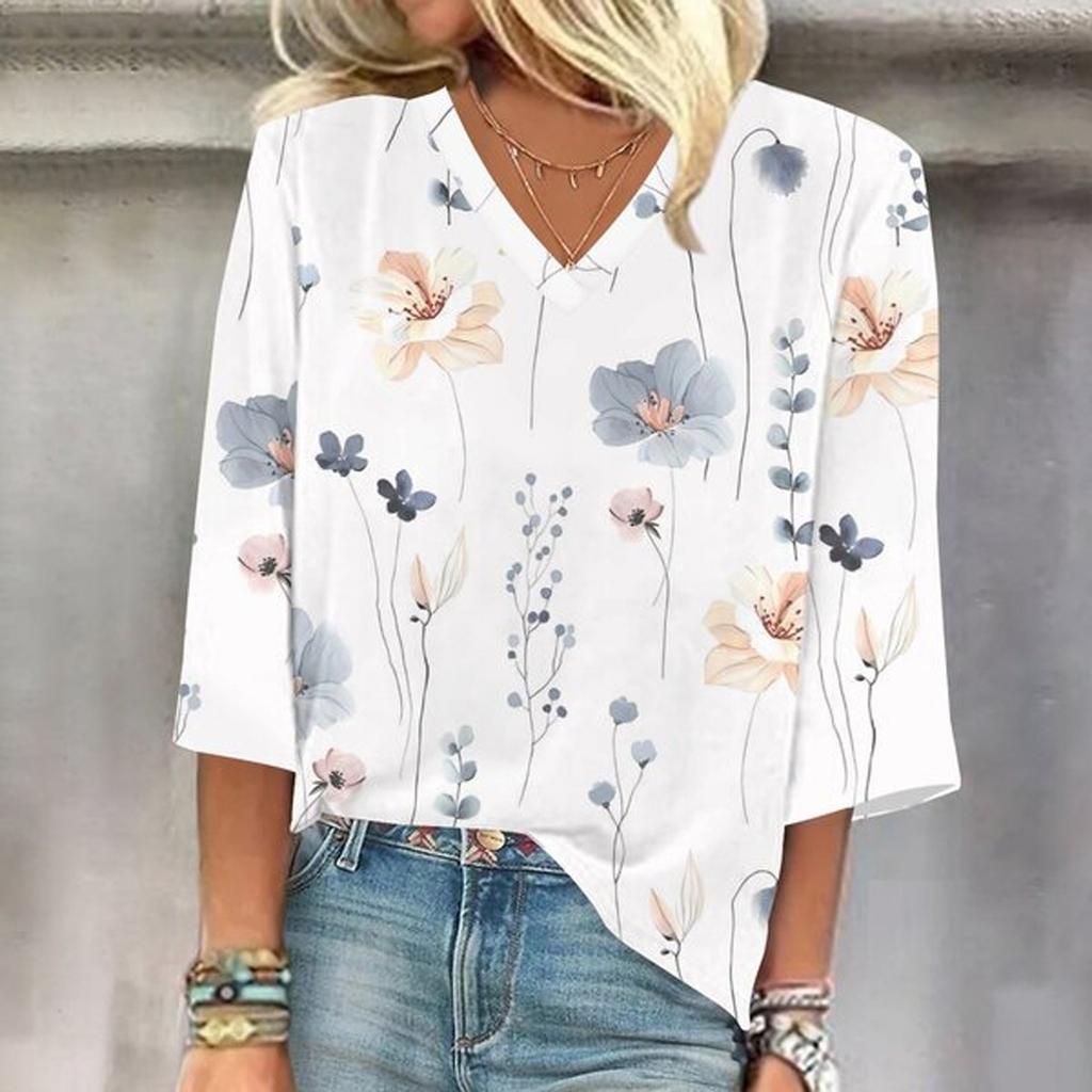 Women's Shirt Blouse Casual Loose Shirts  3/4 Sleeve  Print  V Neck Tops Print  Tops T-shirts Tee
