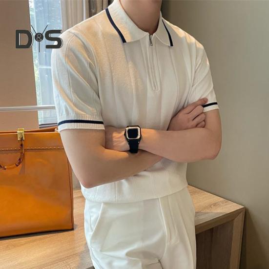 Men Summer Shirt Thin Knitted Short Sleeve Zippered Lapel Top Stretchy Hem Striped Solid Color Loose Shirt for Commuting Travel Outdoor