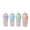 Double Layers Rainbow Plastic Water Bottle With Straw Korean Style Creative Sweet Mug For Milk Coffee Tea Cup