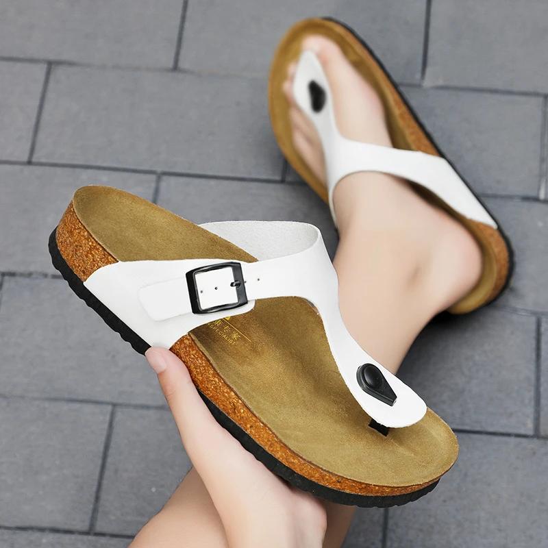 2024 New Men Genuine Leather Couple Style Cork High Quality Soft Cork Slides Footwear for Men Women Unisex 36-46 Cork Flip Flops