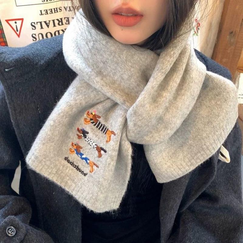 Cute Puppy New Knitted Three Dachshunds Embroidered Woolen Woolen Scarf for Women In Autumn and Winter Soft and Versatile