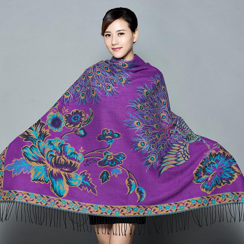Lijiang Ethnic Style Double-Sided Phoenix Jacquard Cashmere Shawl and Scarf for Women