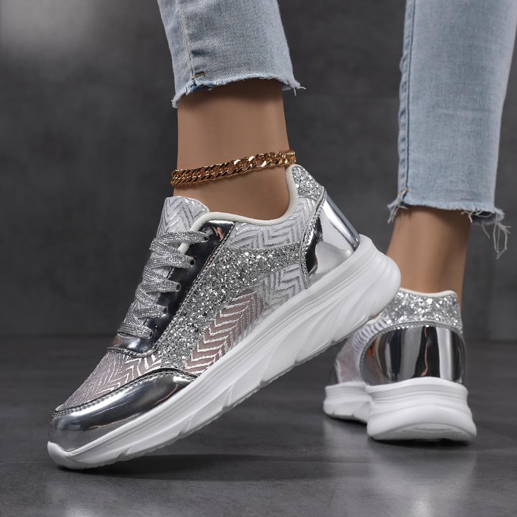 Fashion Women Shoes Bling Silver Shoes Shining Sneakers Trend Casual Breathable Sneakers