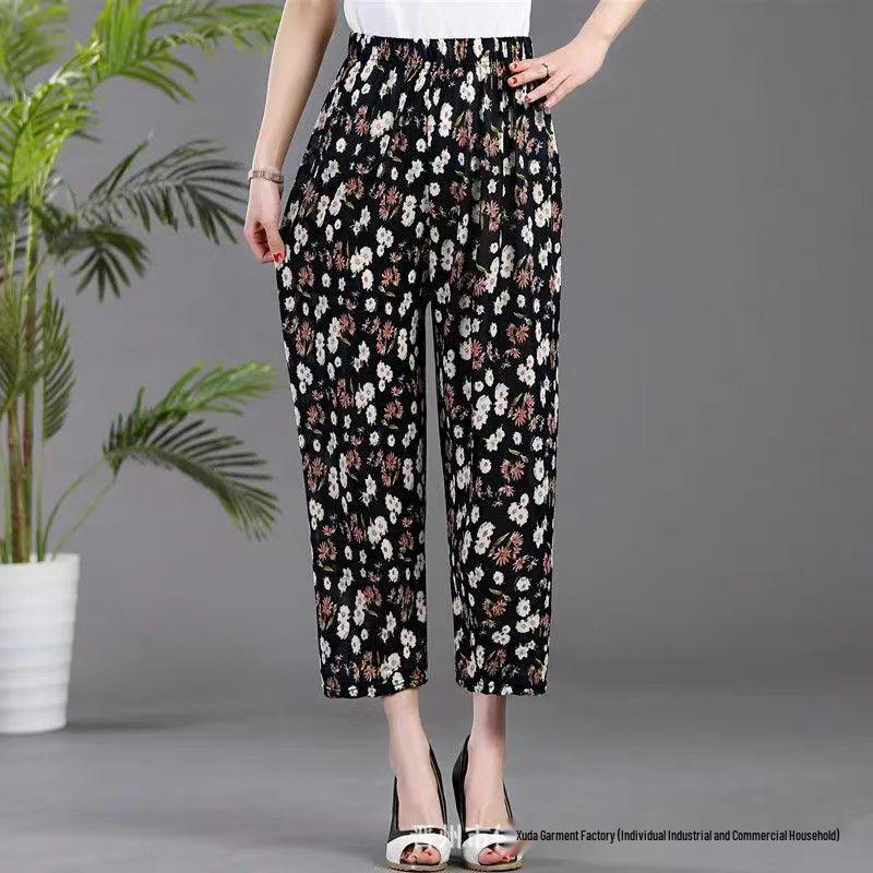 Casual Summer Women's Plus Size Ice Silk Stretch Pants - Loose, High Elastic Waist for Middle-Aged and Elderly