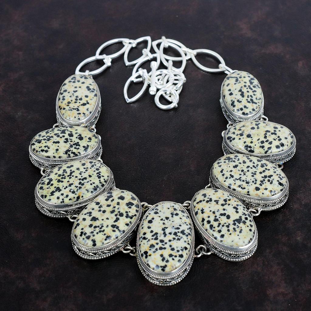 Dalmatian Jasper Gemstone Necklace Vintage Jewelry 925 Sterling Silver Adjustable Chain Necklace Handmade Unique Style Necklace Gift For Her