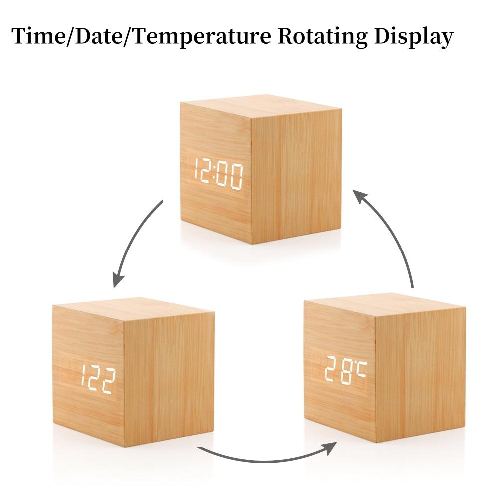 Voice Control  Wooden Digital Alarm Clock TEMP Date 3 Alarms Desktop Electronic Table Clock 12/24H USB Powered LED Bedside Clock