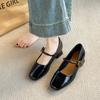 2025 New Fashionable Versatile Square Head Shallow Mouth Middle Heel Women's Shoes One-word Buckle Mary Jane Shoes Single Shoes Women's Small Leathe