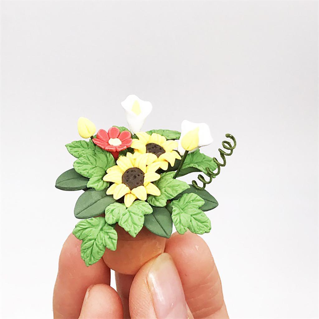 (Precious memory)Mini Dollhouse Miniature Green Plant Flower In Pot Fairy Garden Accessory