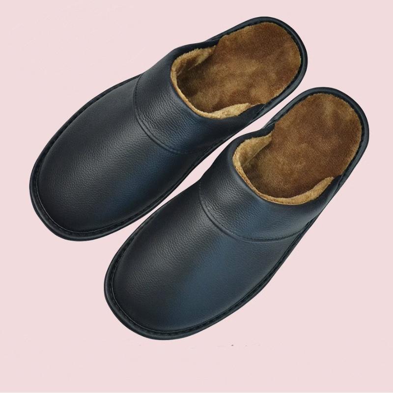 Fleece Warm Winter Cow Split Leather Unisex Handmade Slippers Slip On Soft Comfortable Bedroom Indoor Flats Men Women Padded Warm Slippers Shoes