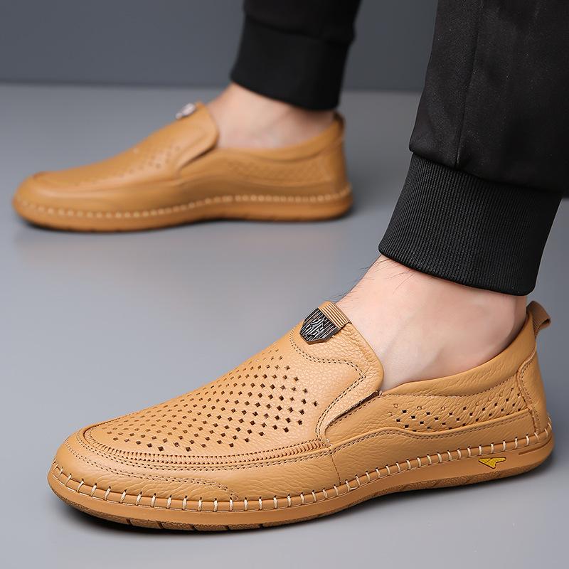 2024 Summer Shoes for Men Genuine Leather Sandals New Hollow Out Slip-on Loafers Fashion Breathable Leather Casual Shoes