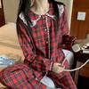 Red Plaid Lace Peter Pan Collar Pajama Set for Girls - Long Sleeve Top & Pants, Spring/Fall Cotton Sleepwear.