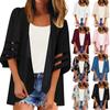 Women Mesh Panel 3/4 Bell Sleeve Pure Color Chiffon Casual Loose Kimono Cardigan