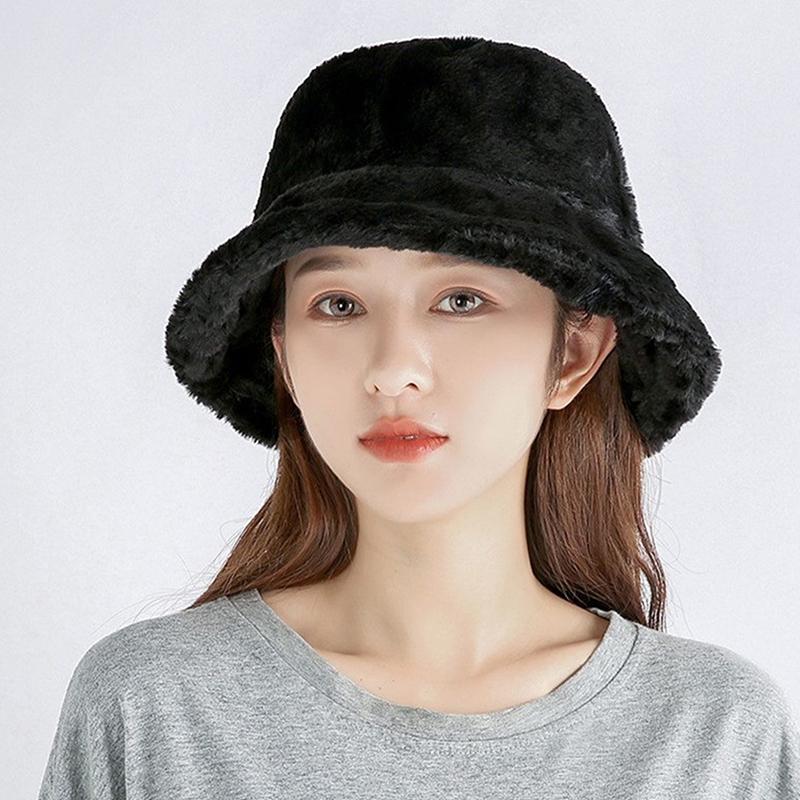 Faux Fur Winter Bucket Hat For Women Solid Warm Female Cap Outdoor Sunscreen Sun Fisherman Hat Lady Cap