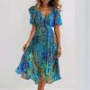 Fashion Summer Short Sleeve Printed Casual Dress Loose Simple V-neck Floral A-line Party Dress Female Plus Size Elegant Lace-up Holiday Woman Clothing