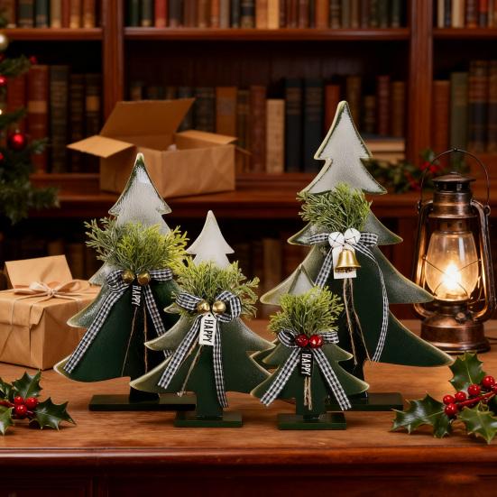 Wooden Christmas Tree Decor 5-10 Inch Farmhouse Table Centerpiece with Bell Ornaments Rustic Holiday Display for Mantel And Dining Table