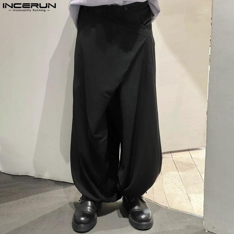 INCERUN Men Autumn Spring Solid Color Zipper Waist Trousers Casual Irregular Wide Leg Pants
