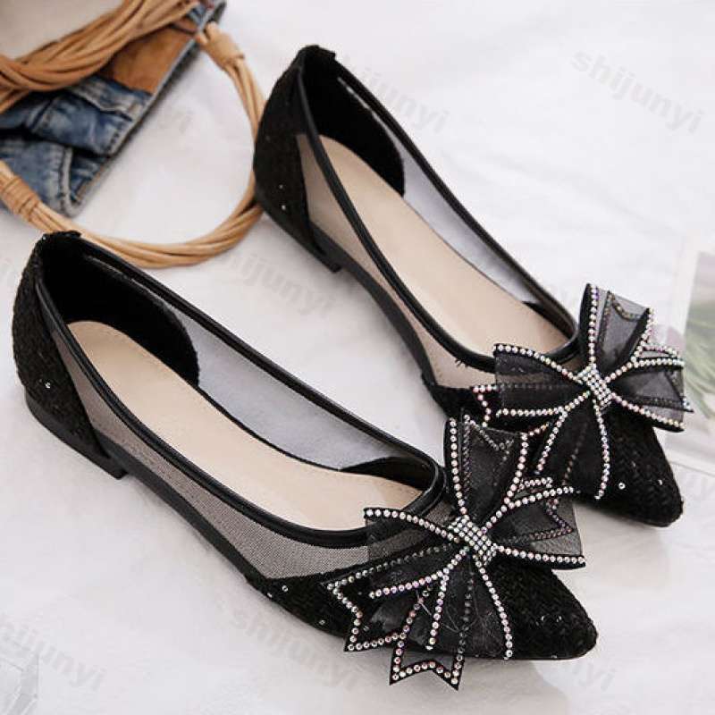 Fashion 2025 Summer Breathable Flat Heel Women's Scoop Shoes New Korean Edition Butterfly Knot Designed Mesh Pointed Casual Single Shoes
