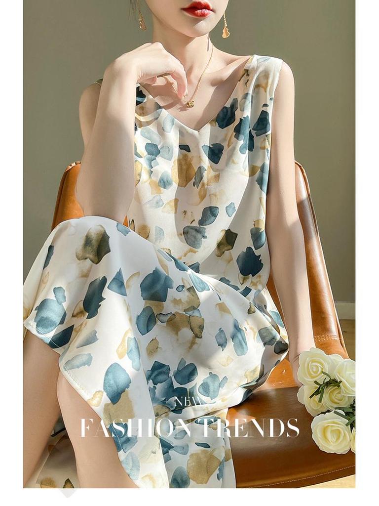 Silk Satin Women's V-neck Print Spaghetti Strap Maxi Dress - Summer 2025 Collection