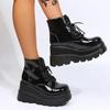 Fashion Women Boots High TopThick Sole Winter Slope Heel Lace Up Ankle Boots Women Shoes Bright Black Light Bling Black Chaussure Femme