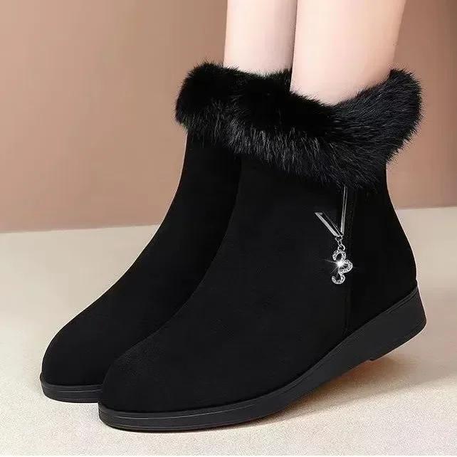 Women's Ankle Boots Snow Boots Winter Thick Cotton Shoes Flat Bottom Plush Zipper Warm Comfort Non Slip Cotton Boots 2025