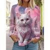 Autumn and Winter Women's Long Sleeve 3D Printed Kitten Cute Print T-Shirt Women's Streetwear Round Neck Long Sleeve