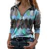Women Fashion Printing Splicing Lapel Long-sleeved Casual T-shirt Loose Clothing Tops