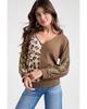 Azura Exchange Brown Leopard Splicing Waffle Knit V Neck Top