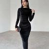 Velvet Slim Fit Crew Neck Pleated Maxi Dress Women's Autumn Winter Temperament Solid Color Long Sleeved Dresses Evening Robes