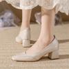 Women's High Heel Pumps Elegant Square Toe Single Shoes Genuine Leather Mid Heels Dress Shoes Square Heels Slip On Basic Pump