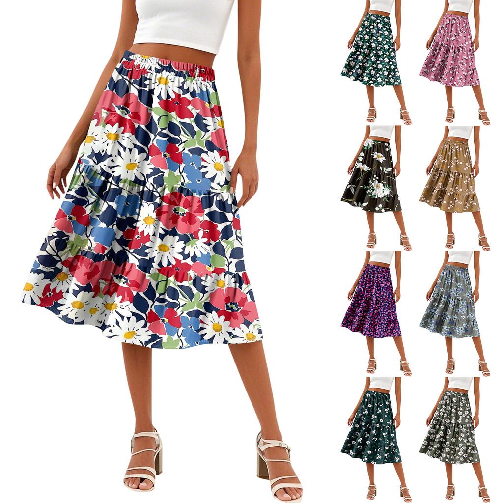 Women's Casual High Waist A-Line Skirt Polka Dot Stripe Printed Skirt With Pockets