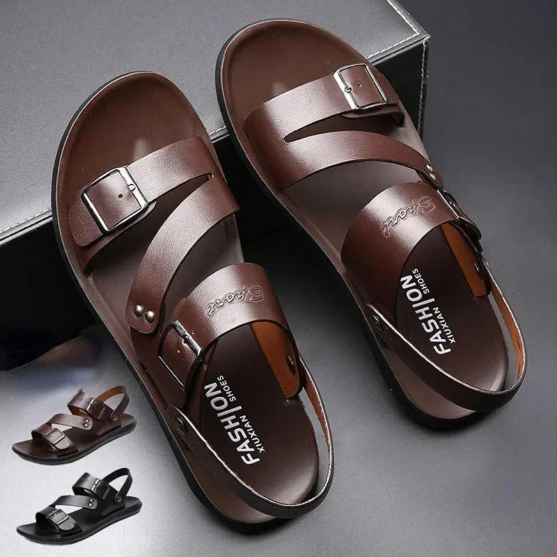 Men's Sandals Solid Color Open Toe Mens Leather Sandals 2024 New Slippers Beach for Male Leather Footwear