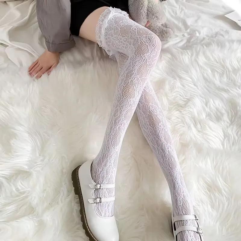 Women's Lace Trim High Tube Socks Half Length Thin Model Summer JK Black Over Knee Lolita Mid Tube Silk Stockings White