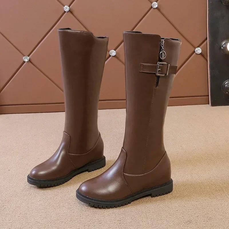 2025 Women's Winter Boots Black Round Toe Low Heel Knee High Boots for Women Belt Buckle Leisure Warm Riding Boots Bota Feminina