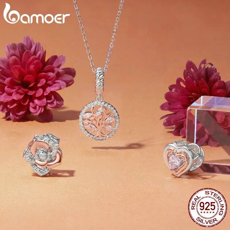 Bamoer Rose Gold Tree of Life Love Hreat Charm Beads for Women Jewelry Making 925 Sterling Silver Charm for Original Bracelet