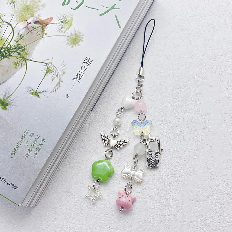 Y2K Aesthetic Phone Lanyard Fresh Sweet Beaded Butterfly Mobile Phone Chain Keychain Girly Cellphone Charms Camera Pendant