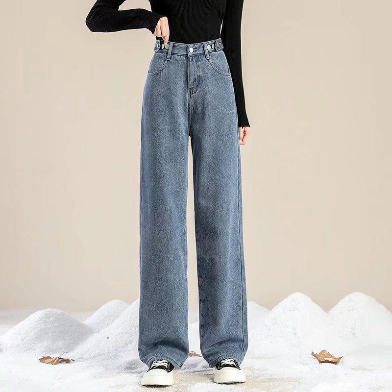 Straight Leg Plush Lined Washed Blue Zipper Button Denim Pants Winter Women's Denim Jeans