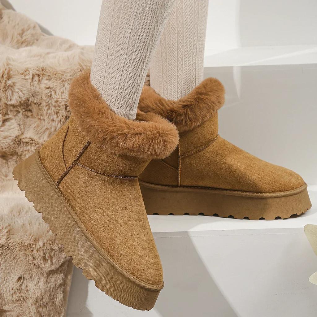 Women's Platform Snow Boots New Faux Fur Plush Ladies Winter Ankle Booties Woman Suede Thick Bottom Cotton Padded Shoes Botas