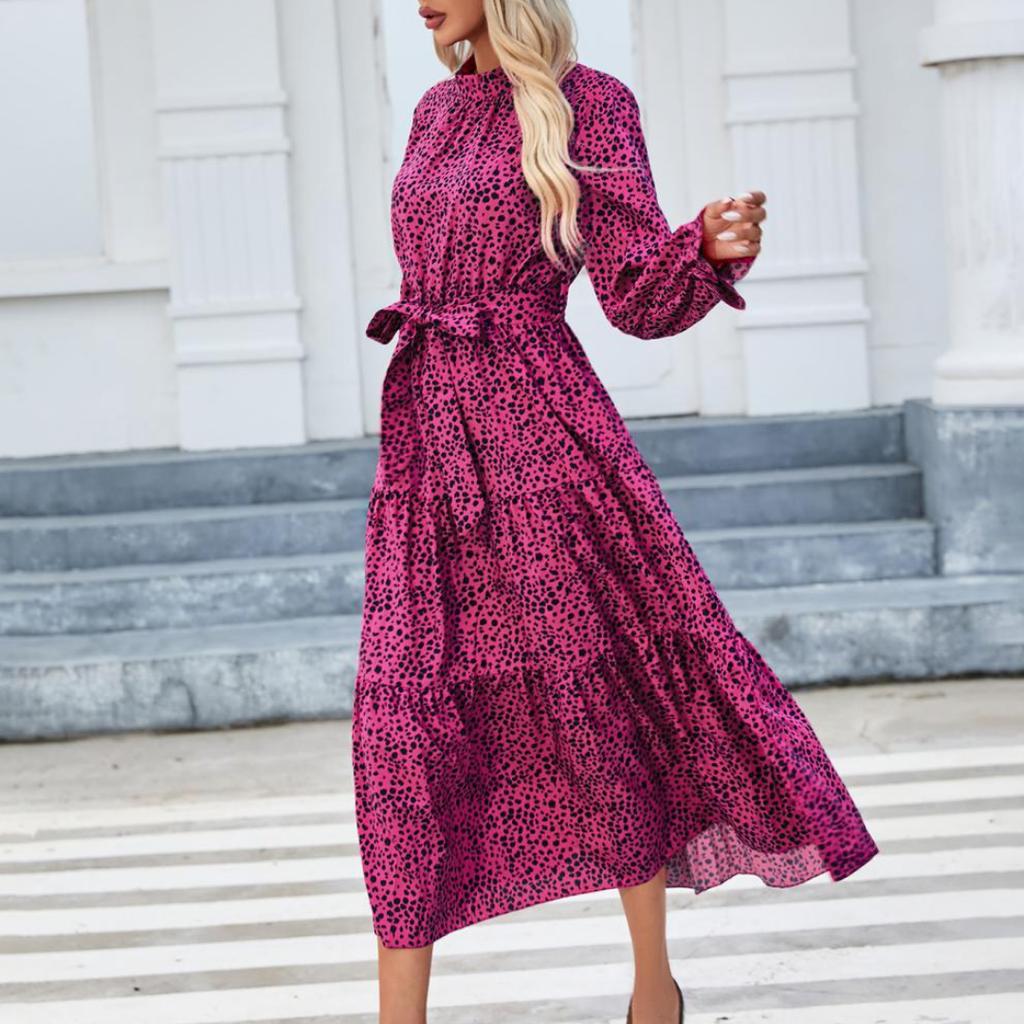 Spring and Summer Women's Casual Printed Stand-collar Ruffled Long-sleeved Lace-up Waist Dress