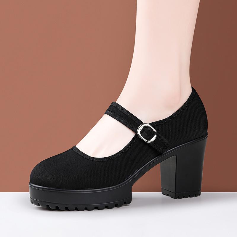 High Heels Thick Soled Women's Cloth Shoes Women Black Platform Pumps Anti Slip Dance Work Shoes Breathable Comfort Mother Shoes