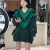 Winter New Christmas Sweater Pullover Ruffle Edge Contrast V-neck Sweater Women Mid Length Loose Long Sleeve Sweater Female Top
