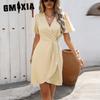 GMXIA Women's Summer Elegant Wind Dress Waisted One Step Dress Short Sleeve Polyester