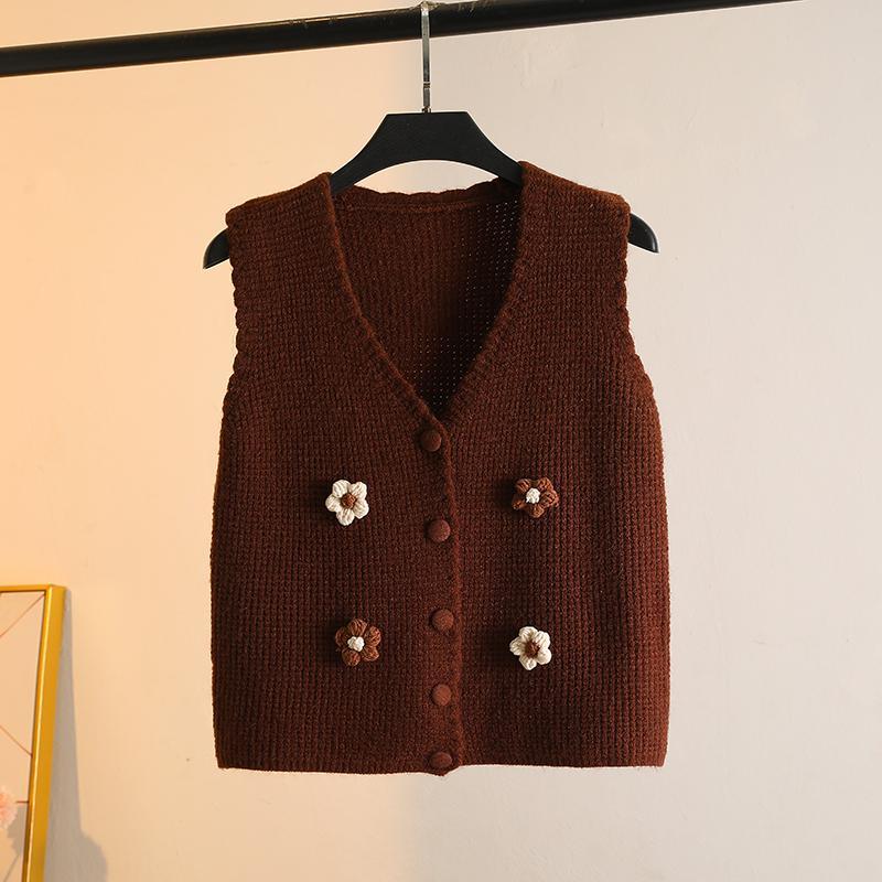 Handmade Flower-appliquéd Knitted Waistcoat Coat Fashion V-neck Vest Short Cardigan Gilet for Spring and Autumn